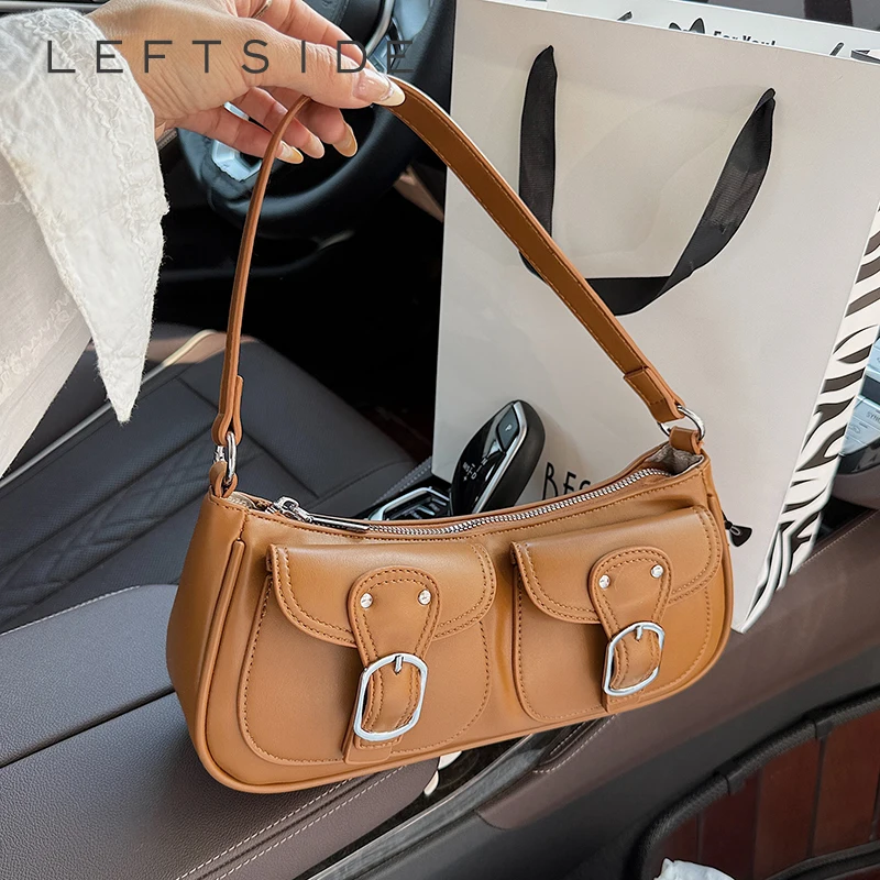 

LEFTSIDE 2025 Summer Double Pockets Small PU Leather Handbags and Purses Women's Underarm Bag Saddle Shoulder Crossbody Bags