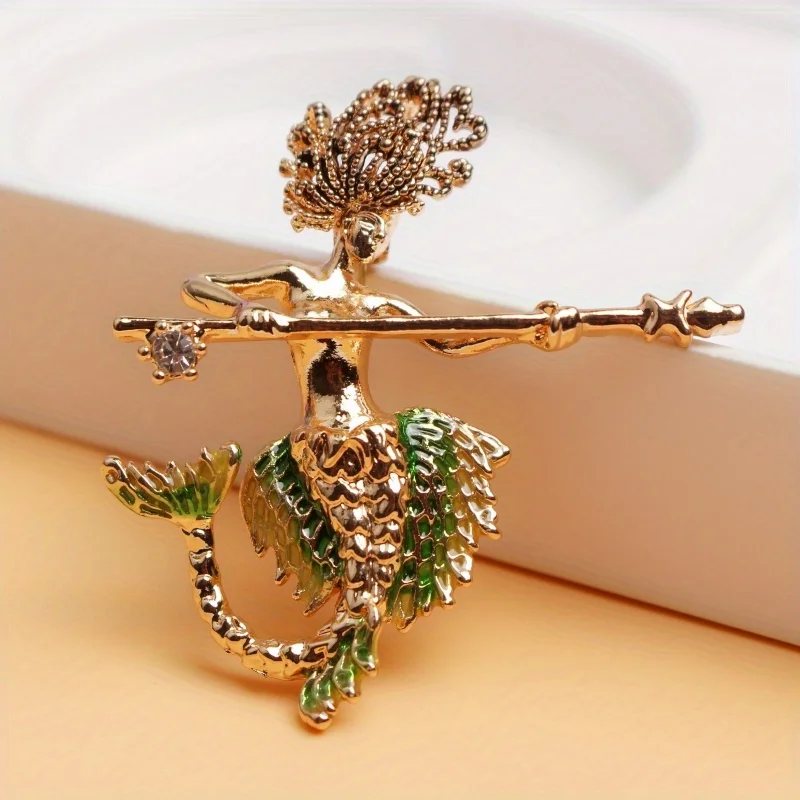 Elegant and novel mermaid brooch holding a weapon and diamond-encrusted antique style coat accessories