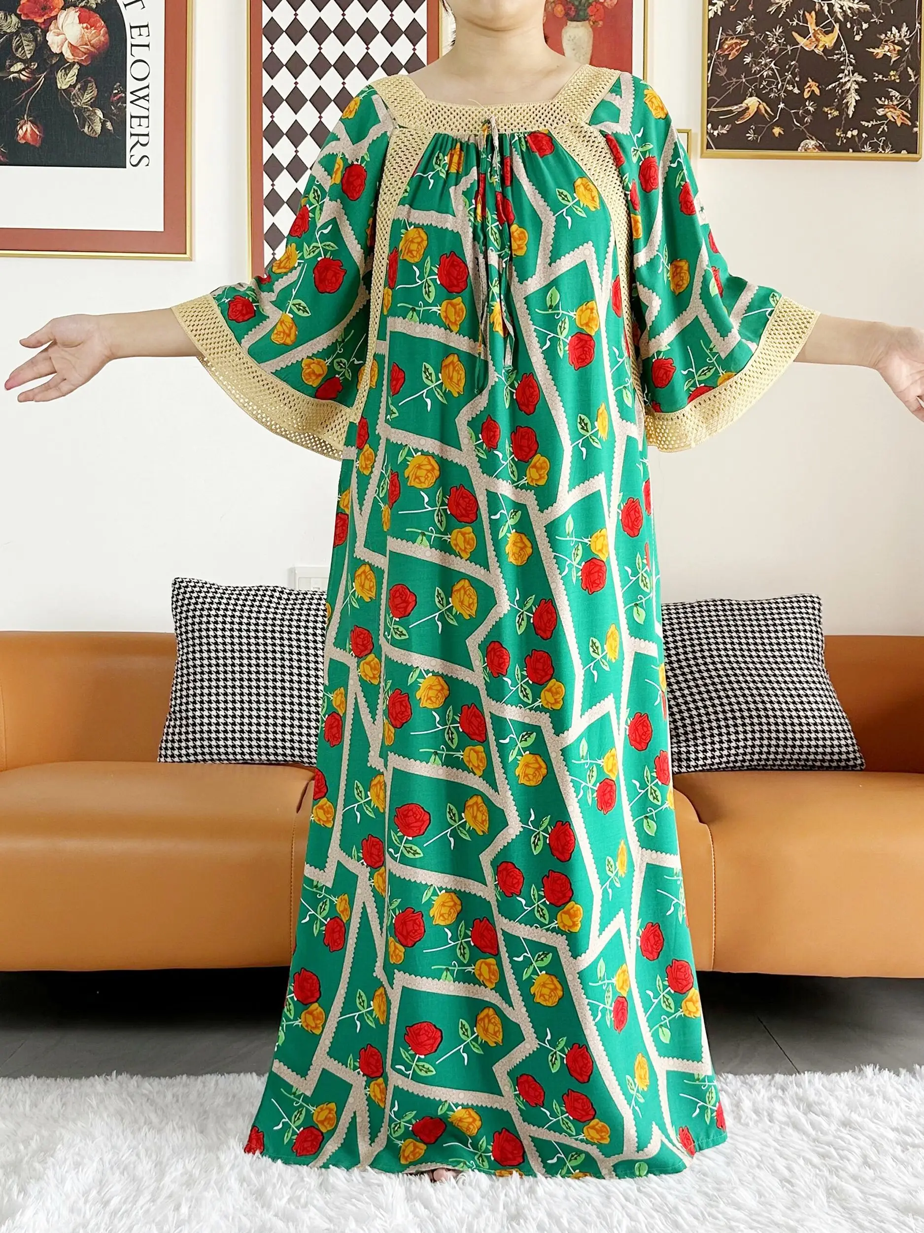 2023 hochwertige benutzer definierte Frauen Party kleid großen Schal Baumwolle Rose gedruckt lose Blumen Boubou Maxi Islam Frauen Kurzarm Abaya