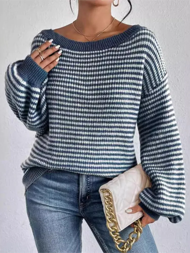 

Loose Striped Drop Shoulder Pullover Women Oversized Long Lantern Sleeve O-neck Sweaters 2024 Autumn New Female Casual Knitwear