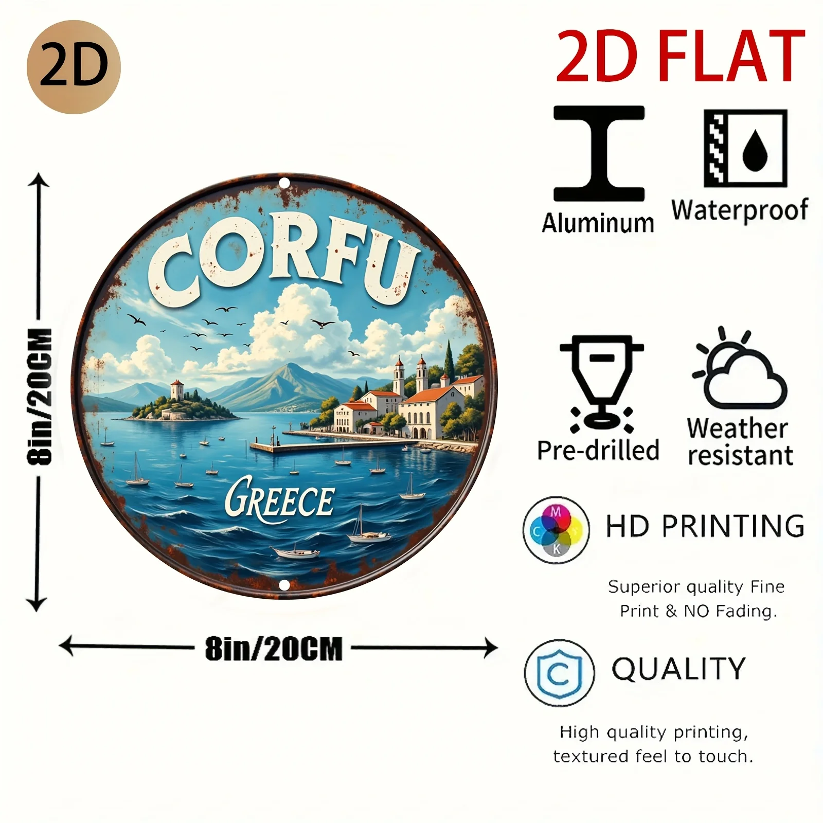 2D Corfu Greece Coastal Island Palm Seascape Print Rustic Garden Wall Decor 7.87x7.87 Inch Metal Tin Sign / Iron Plaque