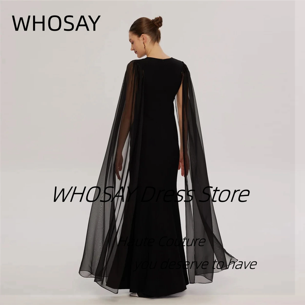 Whosay preto vestidos de baile o-pescoço frisado personalizado vestido de festa à noite com mangas esvoaçantes robe de soiree