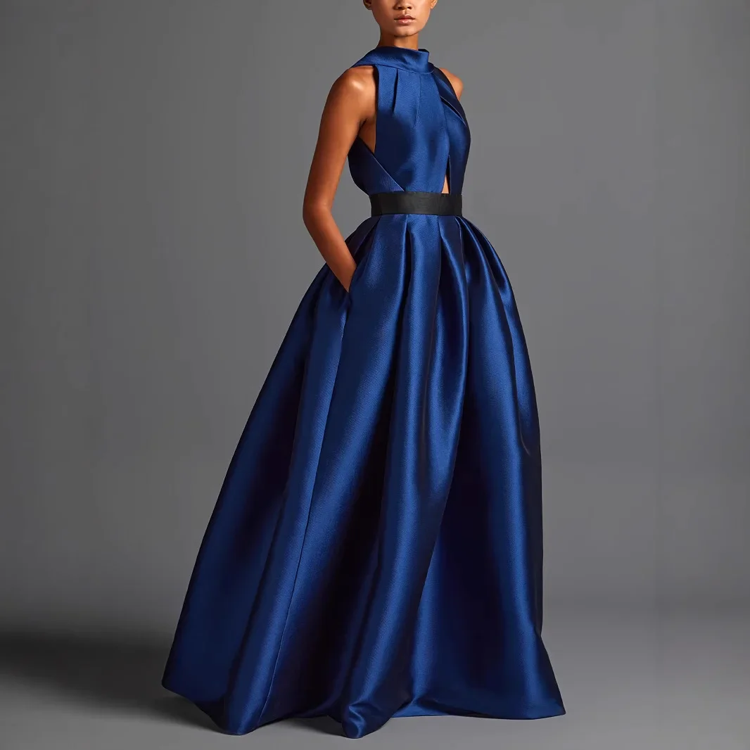 

Women Elegant Evening Dress Satin Sleeveless Hollow Out Pleated A-Line High Quality Wedding Guest Party Cocktail Maxi Dresses