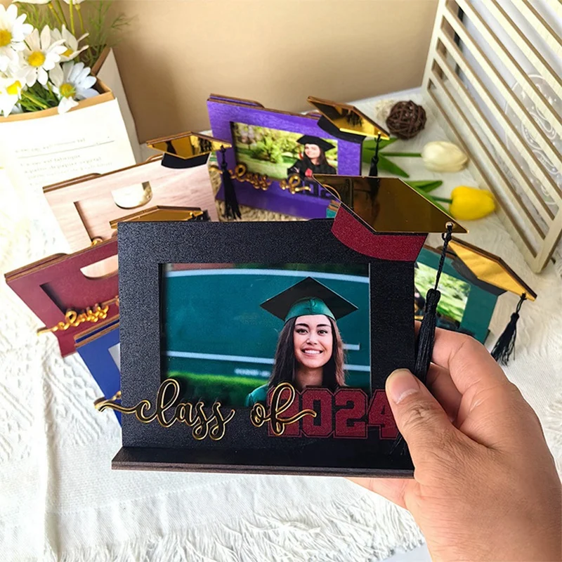 Sombrero de despedida de soltera de madera, marco de fotos, tema de graduación, adorno de escritorio para estudiantes universitarios, regalo de decoración, 2024