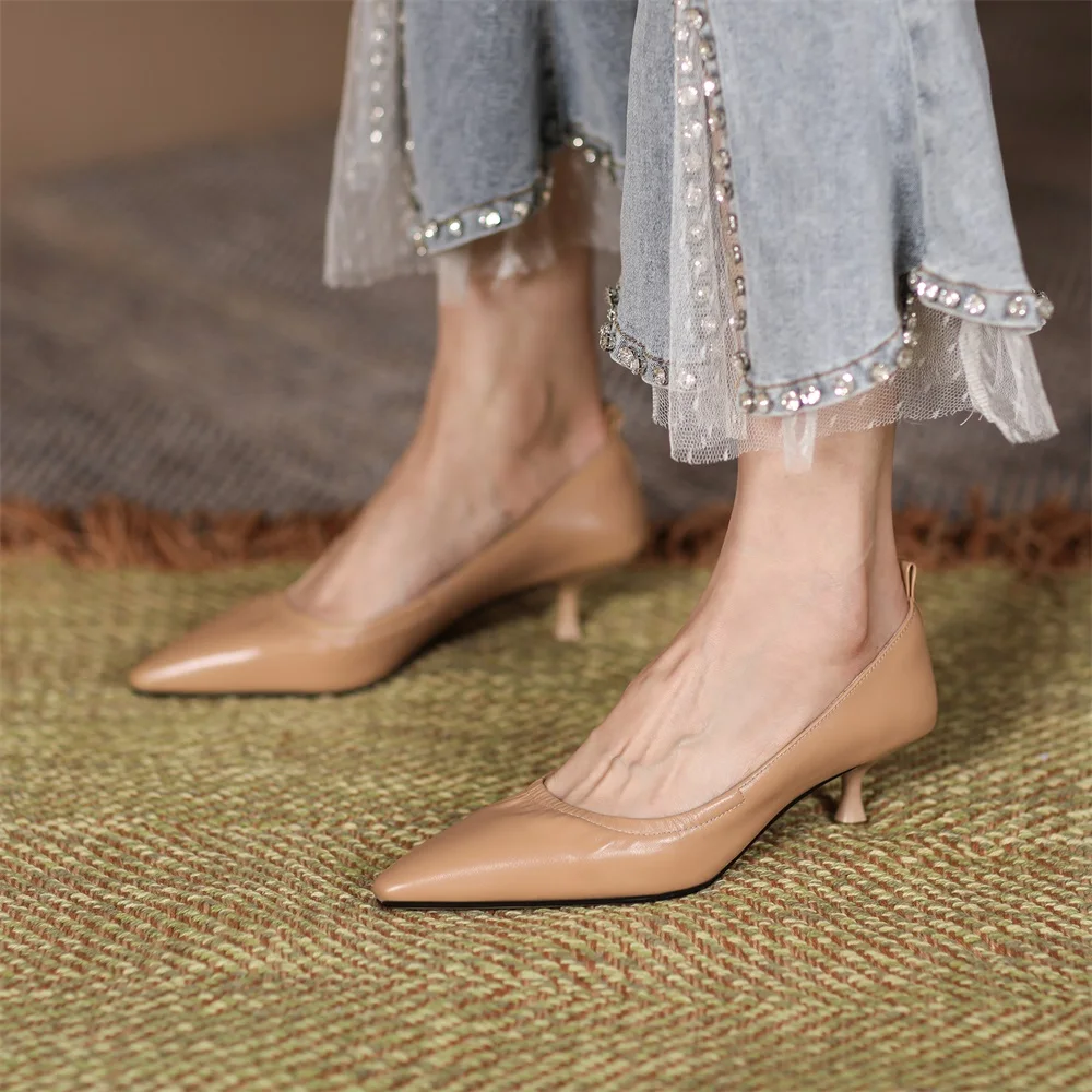 Taoffen Spring/Autumn Women Pumps Real Leather Pointed toe High Heel Fashion Slip On Thin Heels Solid Fashion Office Lady Shoes