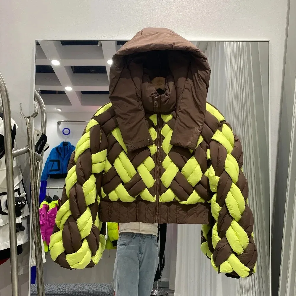 سترة خفيفة للأسفل موضة دافئة طويلة الأكمام سميكة كبيرة الحجم المرقعة سترات المد جديد الخريف الشتاء المرأة الأبيض بطة أسفل معطف