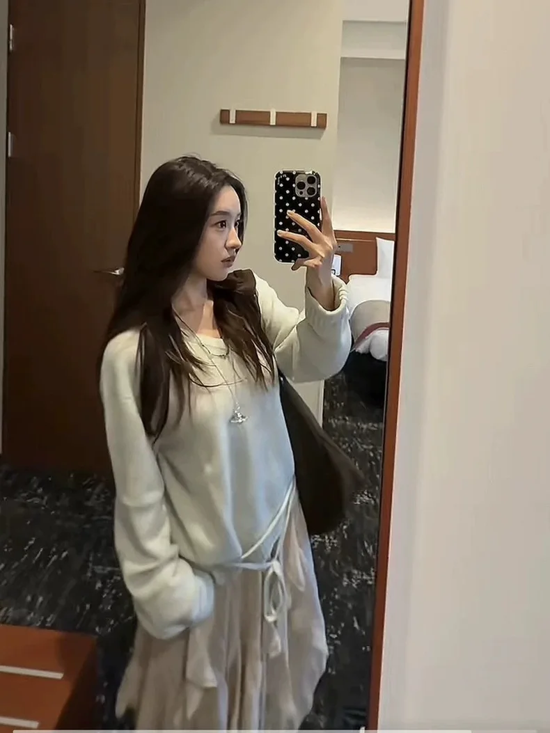 

Мягкий уютный вязаный свитер с v-образным вырезом, женский свободный топ с верхом Dongda Gate Vine Sister Gentle Sle Long Sve Woolen irt