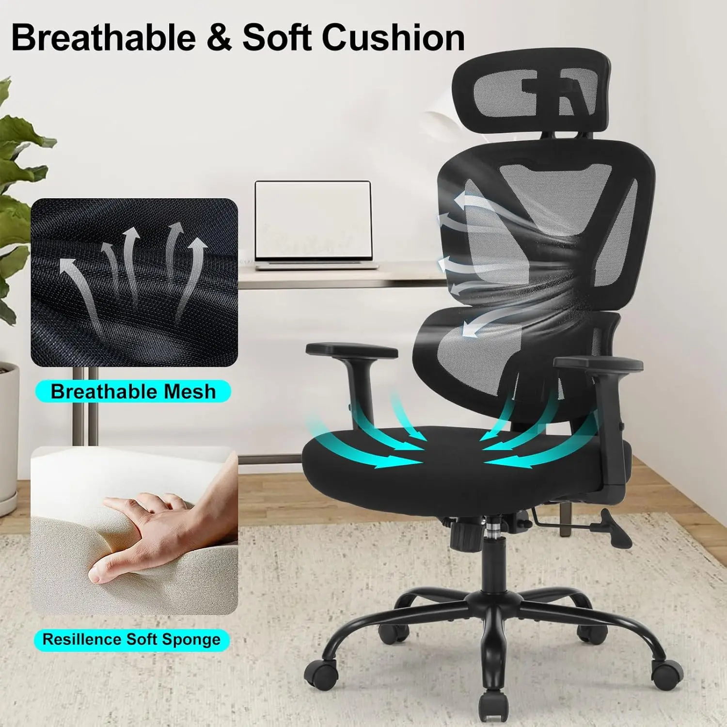 Adjustable Ergonomic Office Chair with Lumbar Support, High Back Mesh Design, and 350lb Capacity for Home and Office Use
