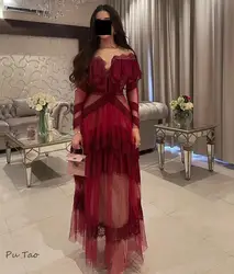 Putao Daudi Prom Dresses Long Sleeves Lace Tulle Tiered Burgundy Party Saudi Arabia Women Wear Special Banquet Evening Gowns