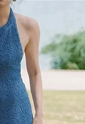 Elegant Blue Sleeveless Open Back Midi Dress French Floral Textured Halter Neck Summer Holiday Robe