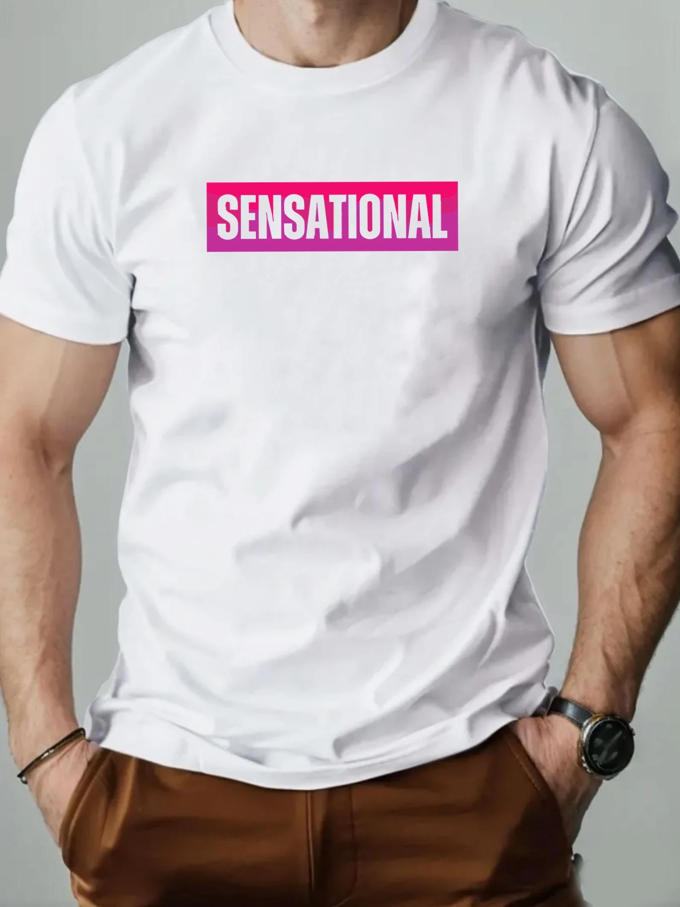 

‌Men 100% Cotton Oversized T-Shirt O-Neck SENSATIONAL Graphic Print Streetwear Casual Loose Fit Summer Tee Top for Daily Wear‌