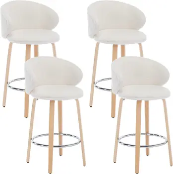 Taburetes de bar modernos, juego de 4, taburetes de bar Sherpa de 26 pulgadas de altura de mostrador con patas de madera, sillas de bar con respaldo de barril para cocina