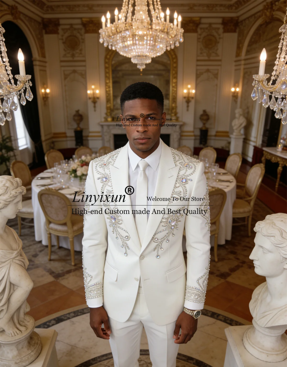 

Stunning Rhinestons Men Suits 2 Piece Set Male Prom Blazers Customized Peaked Lapel Wedding Groom Tuxedos Slim Fit Costume Homme