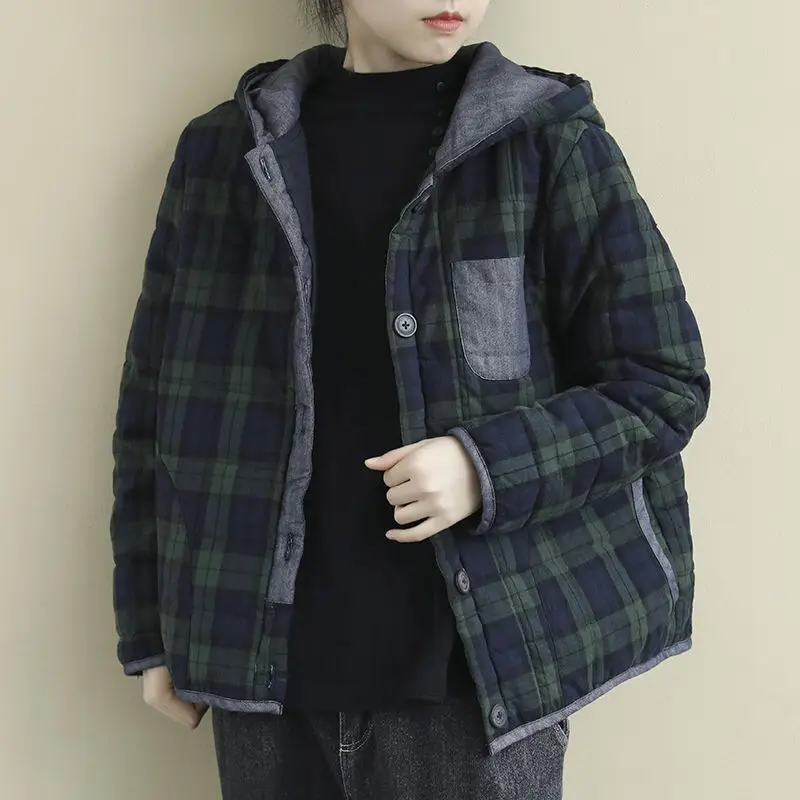 2024 new padded clothes women autumn winter Parkas fashion plaid hooded single-breasted cotton jacket female Casual Outwear R468