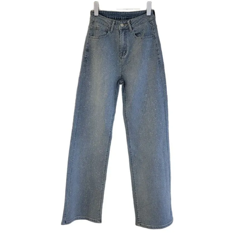 تألق الساخن الماس الجينز المرأة الضوء الأزرق واسعة الساق السراويل عالية الخصر الجينز مع الماس الشارع Trendsetters مستقيم الجينز