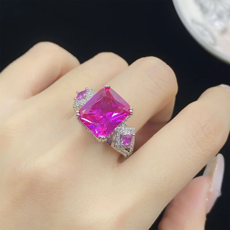 

High-end Princess Square Red Corundum Luxurious Three-piece Set Full Diamond Geometric Open Ring Female Temperament Pendant Earr