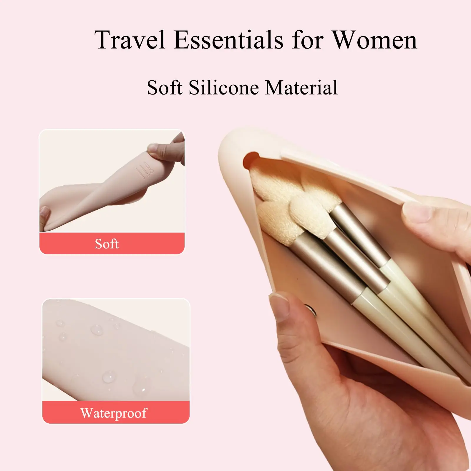 Borsa per cosmetici da viaggio con porta pennelli per trucco in silicone: porta pennelli per il viso cosmetico portatile morbido, grande custodia per pennelli per trucco da viaggio