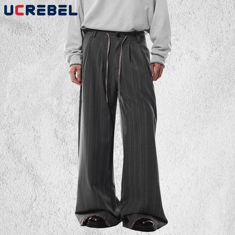 مخطط البدلة السراويل الرجال الخام حافة الرجعية شارع العليا فضفاض واسعة الساق الرباط عارضة السراويل رجل #1