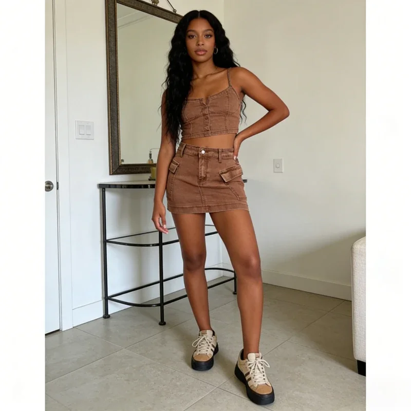 Cargo Spliced Skirts Women Skirt Solid Slim Fit High Waist Zipper Fly Washed Denim Distressed Above Knee Mini Skirt Casual 2026