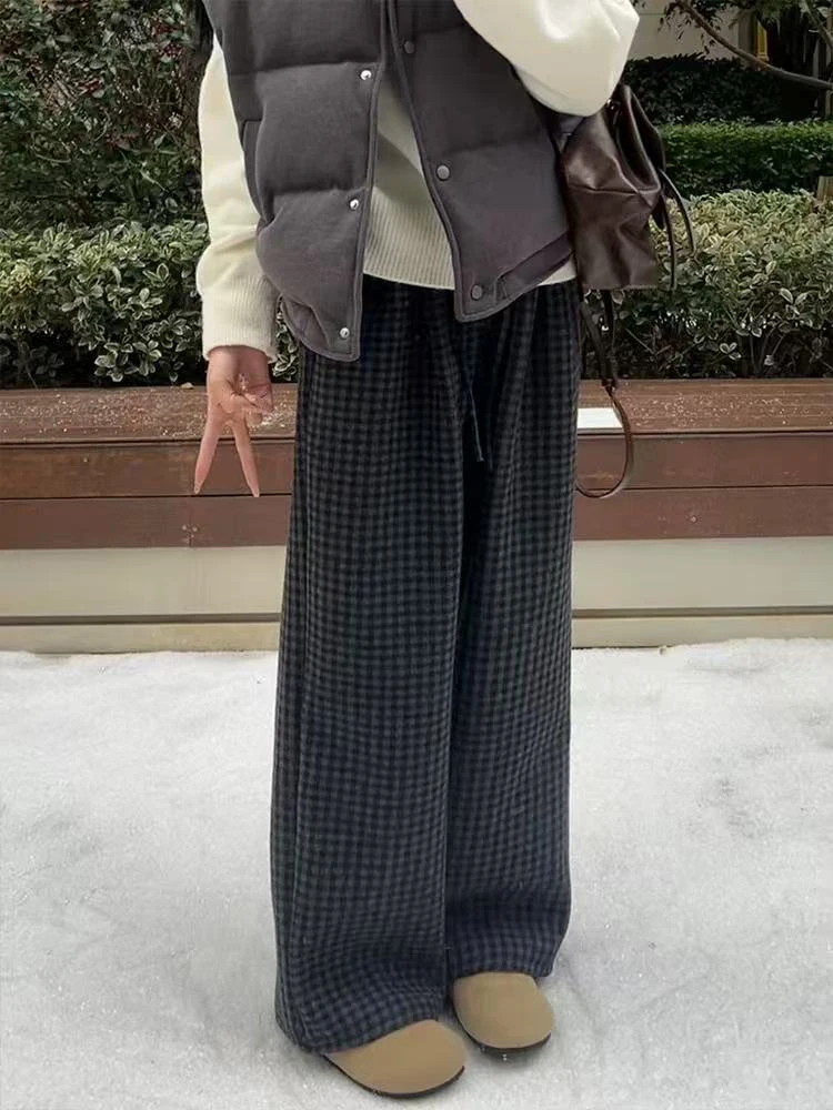 فو الفراء بنطال ذو قصة أرجل واسعة للنساء الخريف الرجعية منقوشة الرباط فضفاض سراويل تقليدية الكورية الشارع الشهير كل مباراة بنطلون مستقيم