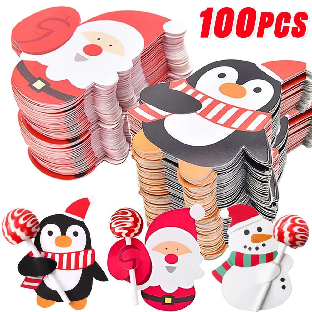 100/25Pcs Santa Claus Paper Lollipop Cards Christmas Candy Packing Cards Holder DIY Gifts Wrapping New Year Party Decor Supplies