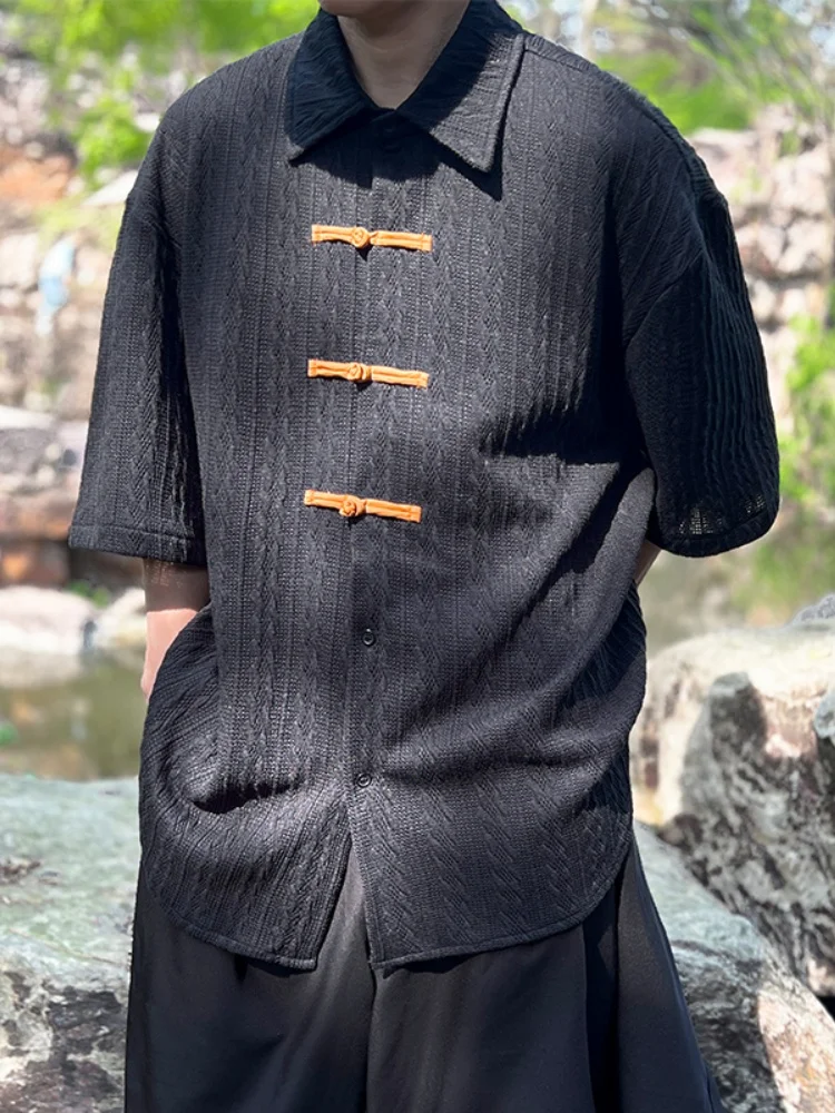 

Мужская трикотажная футболка свободного кроя с коротким рукавом, тонкая летняя, в китайском стиле, на пуговицах, повседневная, удобная, новинка