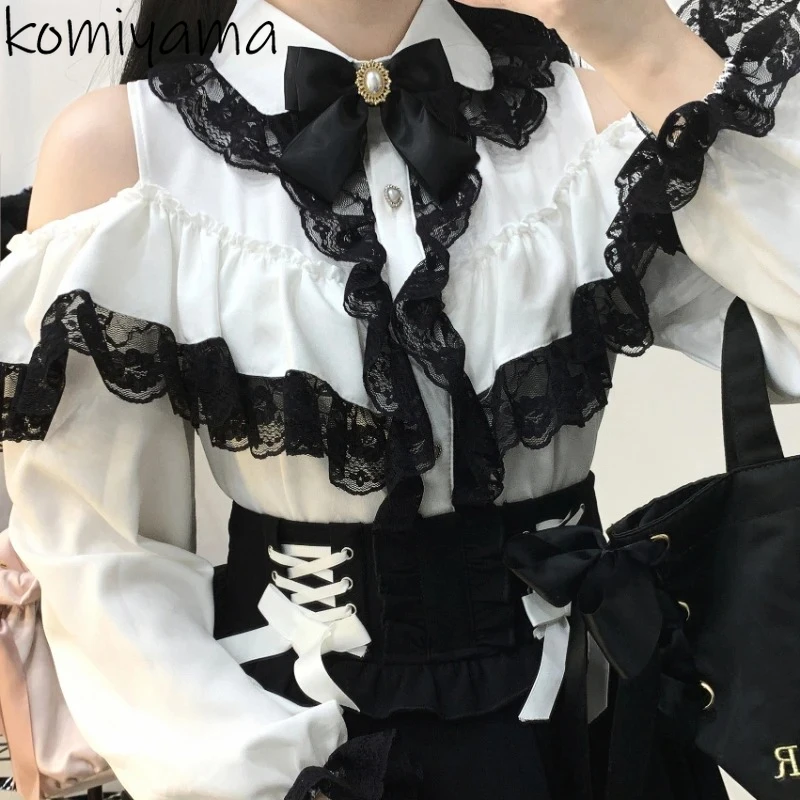 

Kawaii Lace Mesh Ruffles Woman 2025 Shirts & Blouses Off Shoulder Long Sleeve Blusas Mujer Ropa Clothing Y2k Lolita Camisas