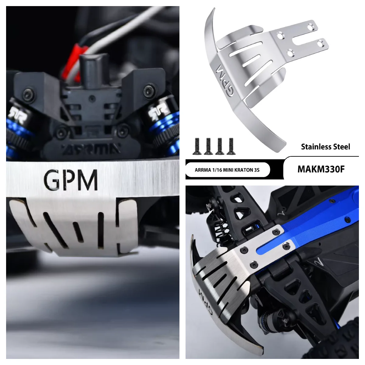 ARRMA 1/16 Mini Kart 3S Stainless Steel Front Bumper Armor Plate, Thickness: 1mm