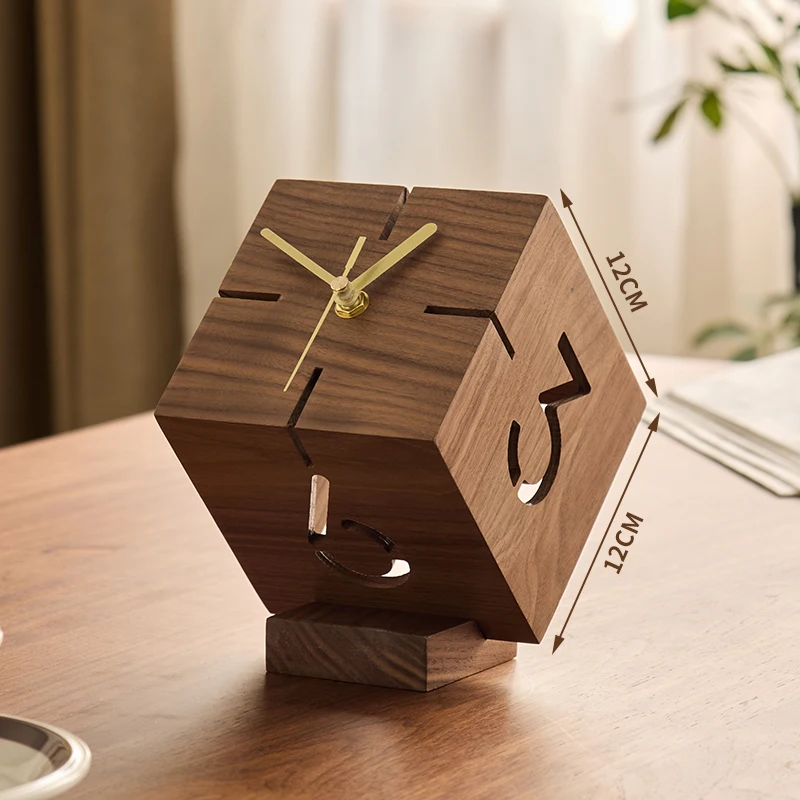 Minimalist Cube Table Clock Black Walnut Hollow-Out Desk Clock with Silent Movement Modern Geometric Home Decor for Office