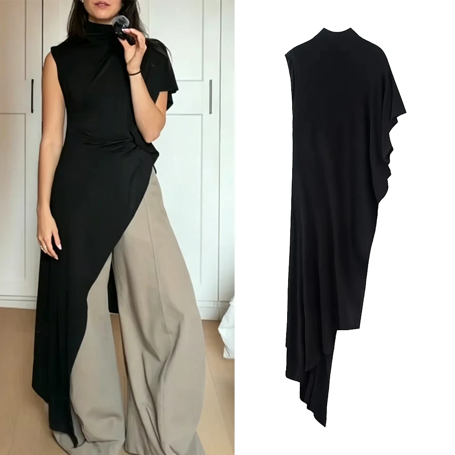 Haut asymétrique chic pour femme, élégant, noir, à col montant, long, tendance printemps-été, style streetwear