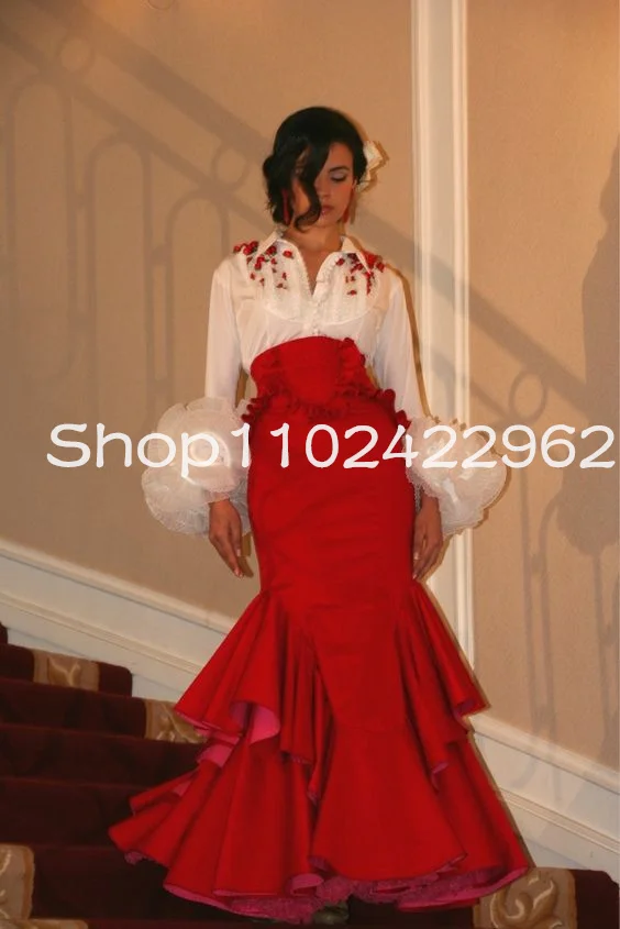White Red Canavate Mermaid Prom Occasion Dresses Ruffles Skirt Floral Moda Flamenca Shirt Top Celebrity Evening Gown