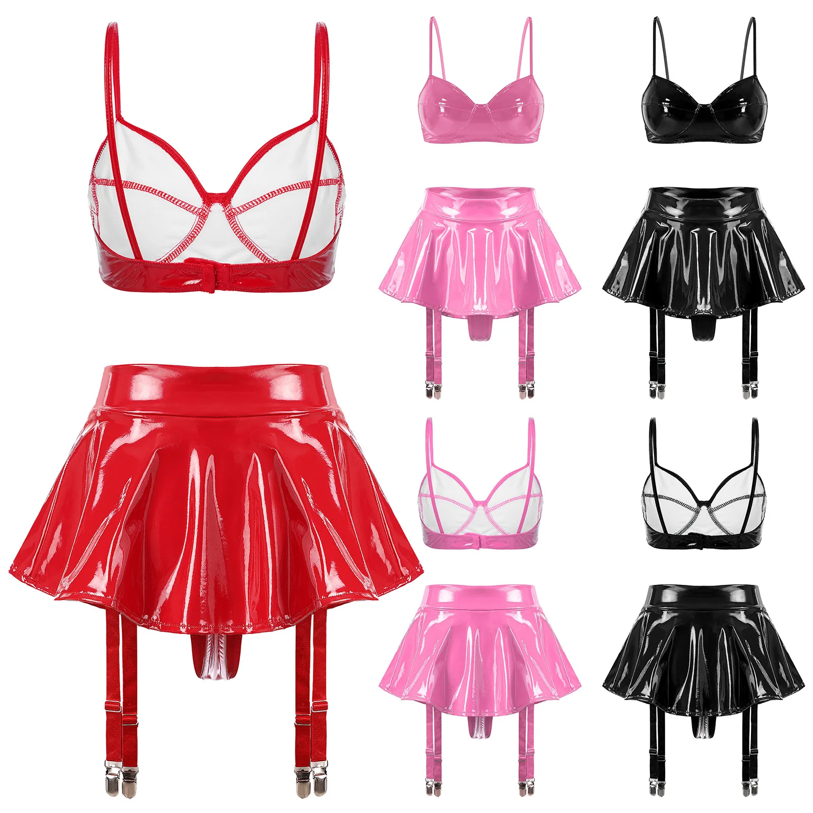 

Womens PU Leather 2 Piece Clubwear Wirefree Unlined Bra and Micro Skirt Built-in Thongs Set Nightclub Pole Dance Rave Outfits