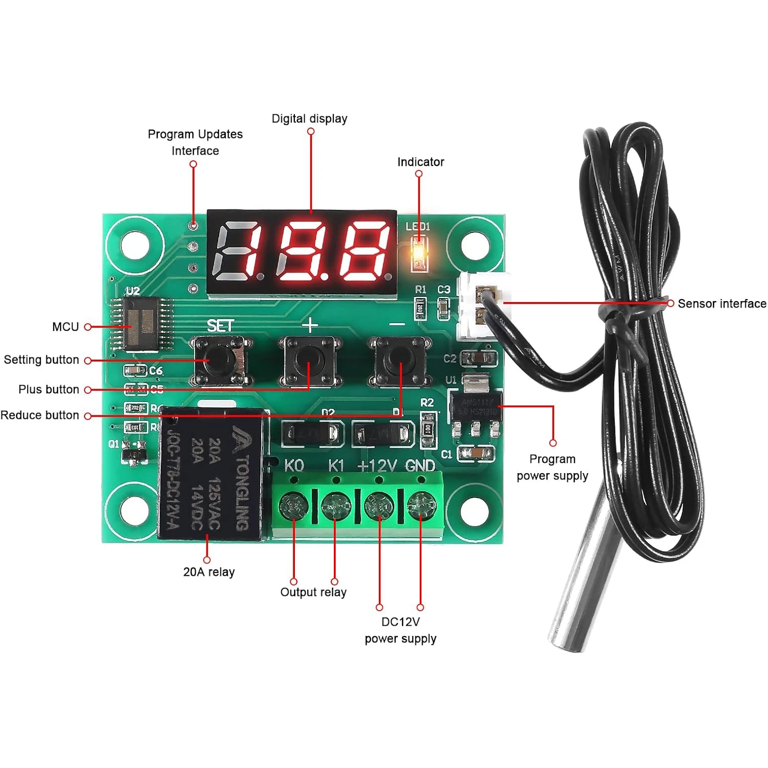 2sets W1209 12V DC Digital Temperature Controller Board with Case LED Display -50~110°C Electronic Temperature Control Module
