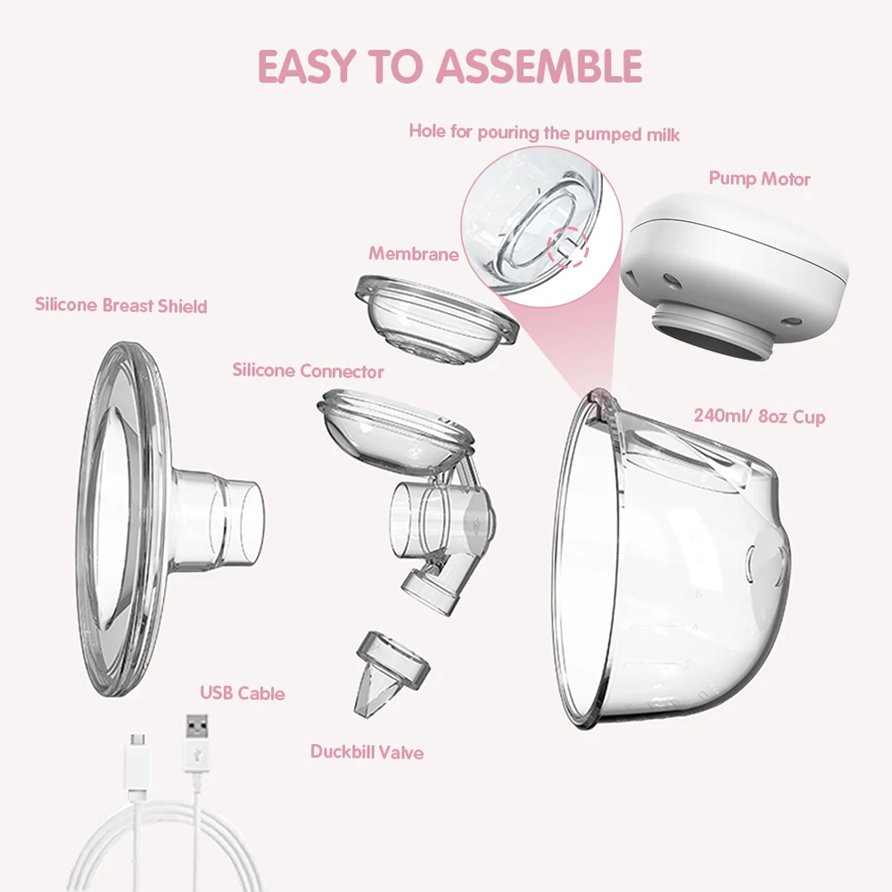 مضخة ثدي YOUHA يمكن ارتداؤها بدون استخدام اليدين كوب صدر كهربائي فردي محمول يمكن ارتداؤه 8 أونصة/240 مللي خالية من مادة BPA 3 أوضاع 9 مستويات شفط