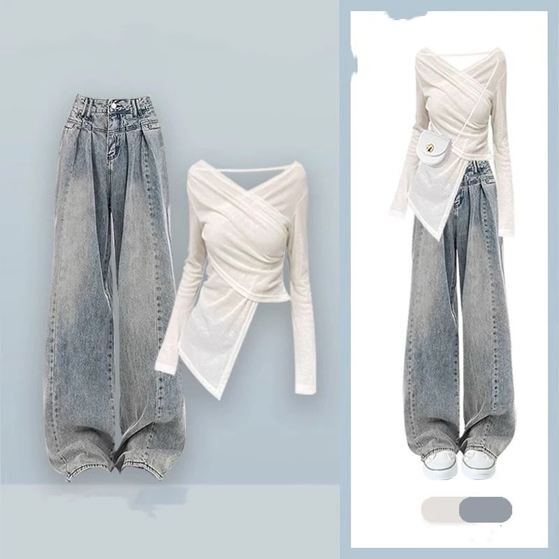

Женские весенне-осенние модные тонкие белые футболки, широкие джинсовые брюки, комплект из двух предметов, женские топы с длинными рукавами, джинсовая одежда 2025