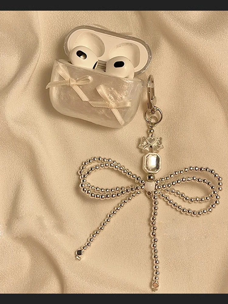 Pearl White Bow Protective Case for Airpods1/2/3/ Pro Wireless Bluetooth Headset Soft Case Fashion Jewelry with Bow Hand Chain