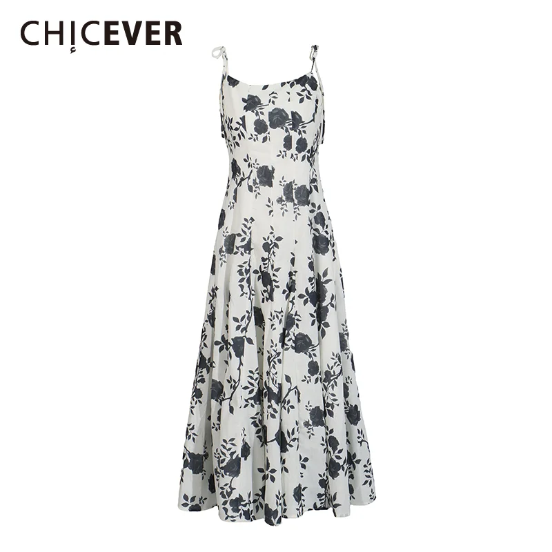 

CHICEVER Colorblock Spliced Rose Printing Long Dresses for Women Square Neck Sleeveless Folds Temperament Beach Dress Female New