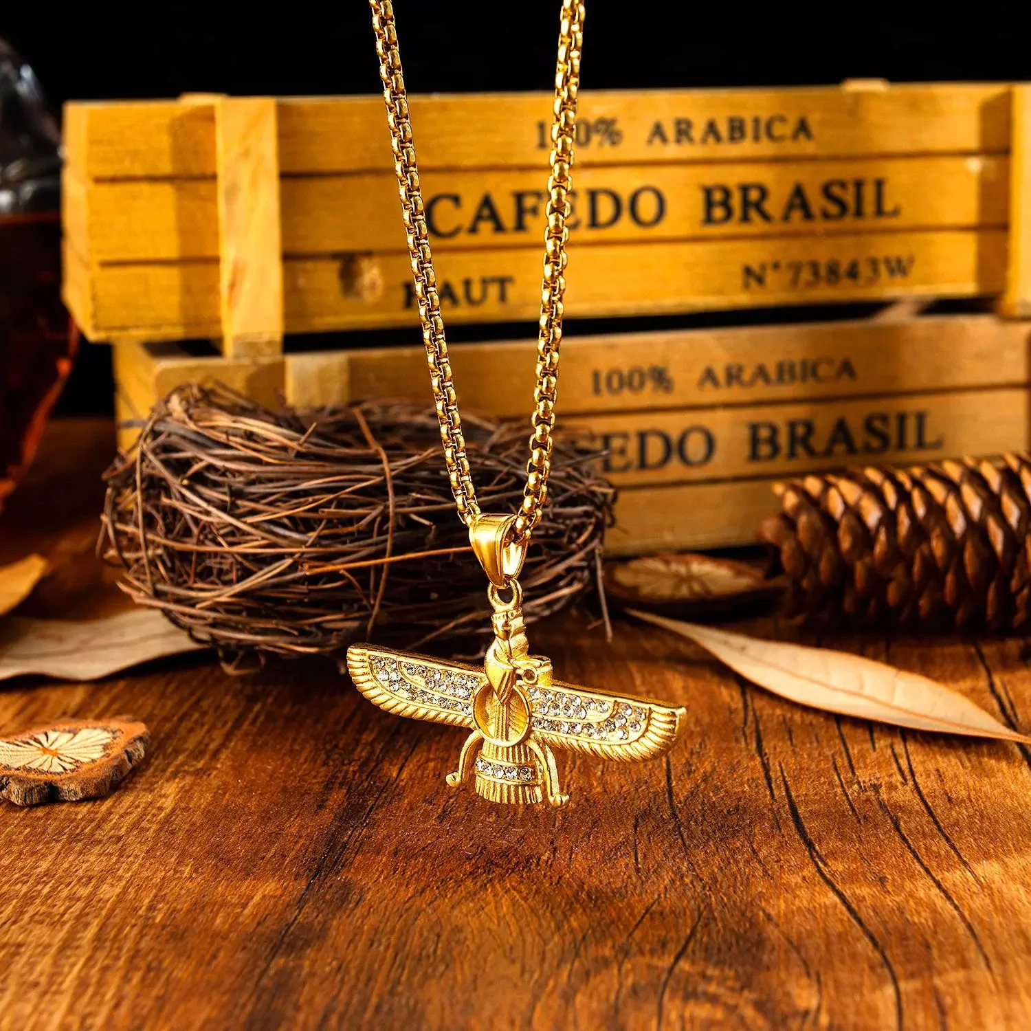 Fashion Zoroastrianism Wing Necklace Pendant for Men Stainless Steel Chain Ahura Mazda Zoroastrian Farvahar Male Jewelry