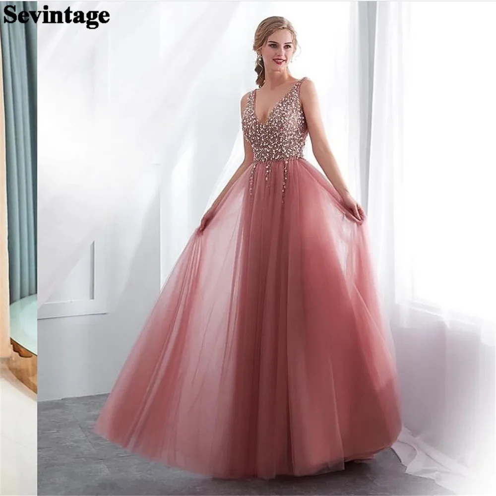 

Sevintag Elegant Dusty Rose Tulle Prom Dresses V-Neck Spaghetti Strap Ruched Sequineds Formal Evening Dress Women Party Gowns