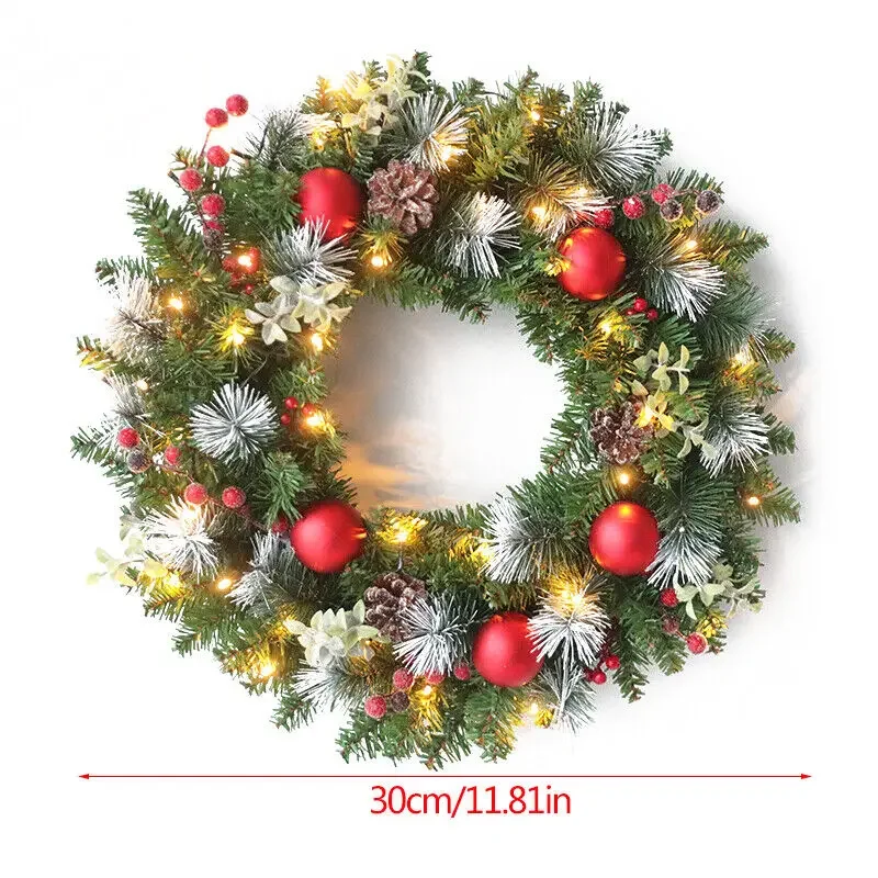 30CM Christmas Wreath With Lights Wall Hanging Decoration Xmas Door Garland Ornaments