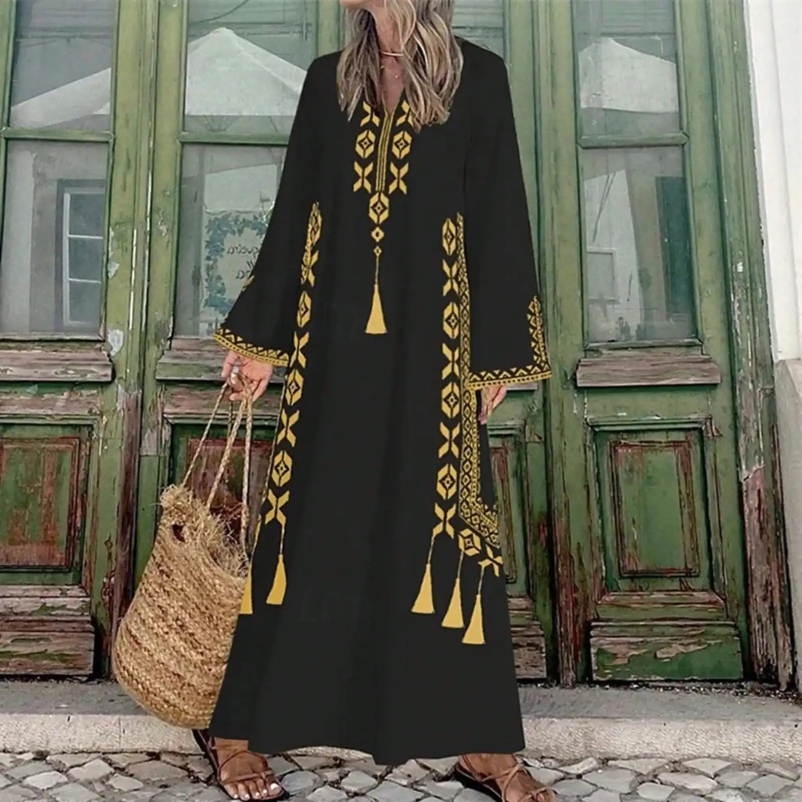 

Black Bohemian Maxi Dress with Gold Embroidery and Tassels, V-Neck Loose Long Sleeve