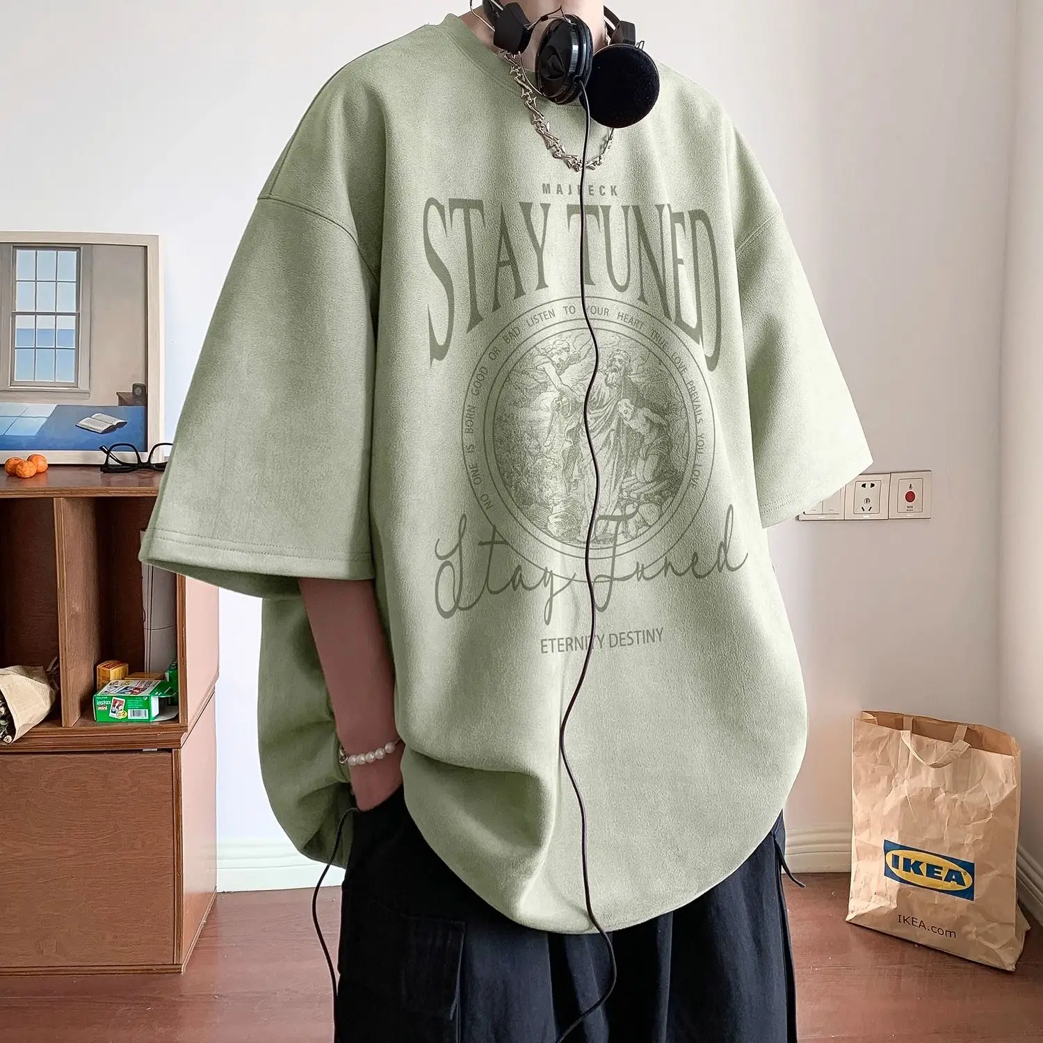 Army Green Suede Velvet Short Sleeved T-shirt Boys Summer American Style Vintage Chaopai Pi Shuai Heavyweight Loose Casual Tops