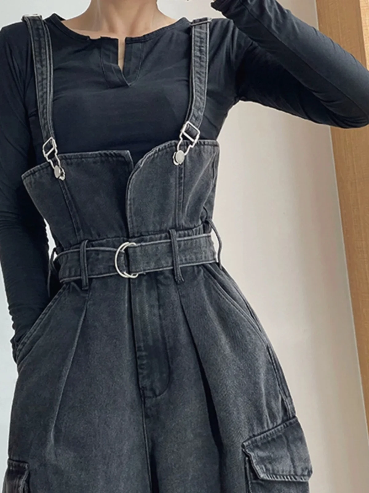 

Темно-синие джинсовые комбинезоны, женские осенне-зимние тонкие прямые брюки с высокой талией и широкими штанинами длиной до пола, повседневная одежда с ретро-узором