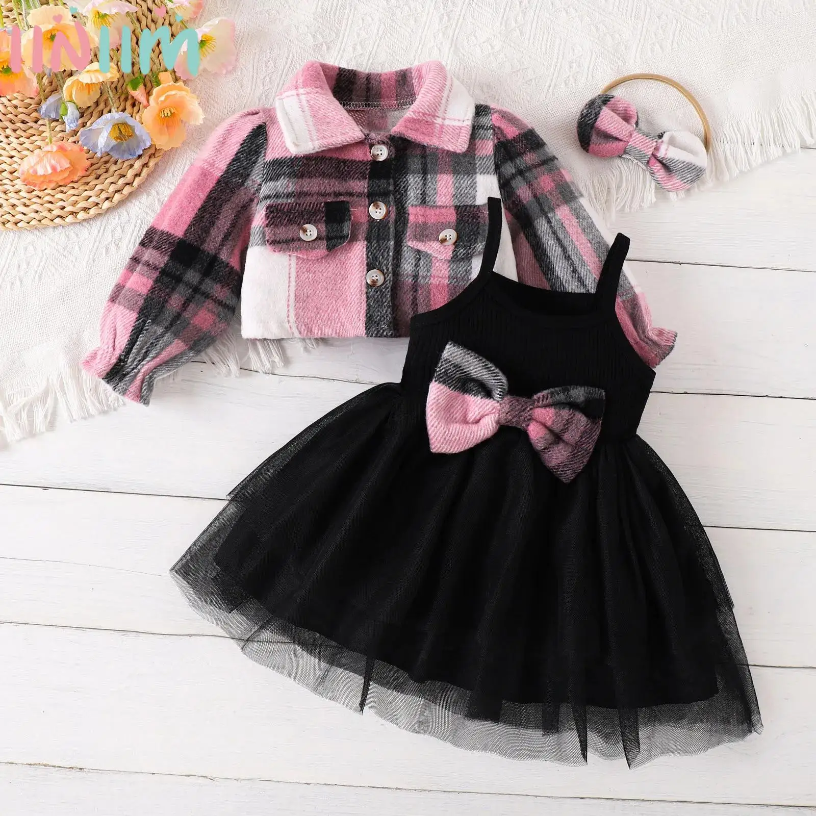 

Baby Girls Winter Sweet Outfit Long Sleeve Lapel Plaid Jacket Coat with Tulle Dress Headwear Christmas Birthday Party Costume