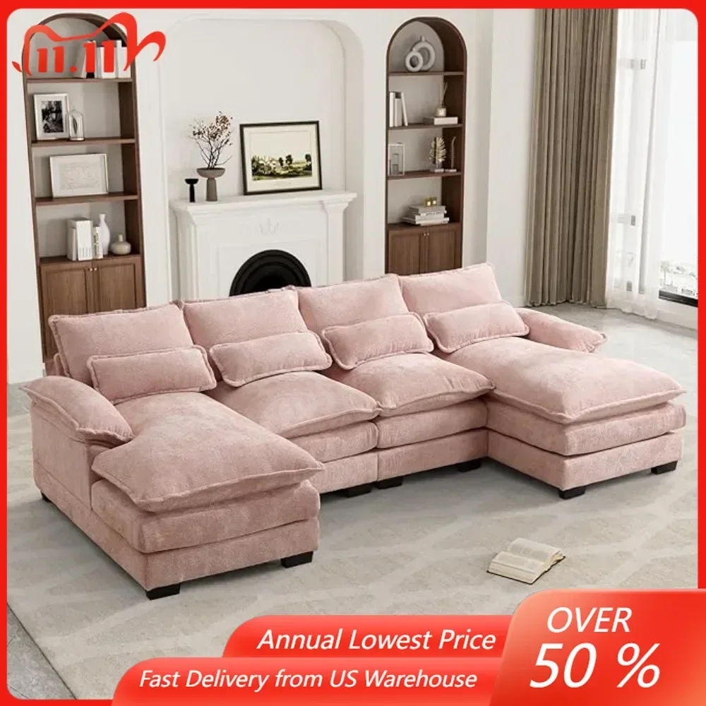 

110" U Shape Sectional Cloud Couch,Modern Chenille Comfy Modular Sofa, 4 Seat Sleeper,Double Chaise,Pink Living Room Sofas