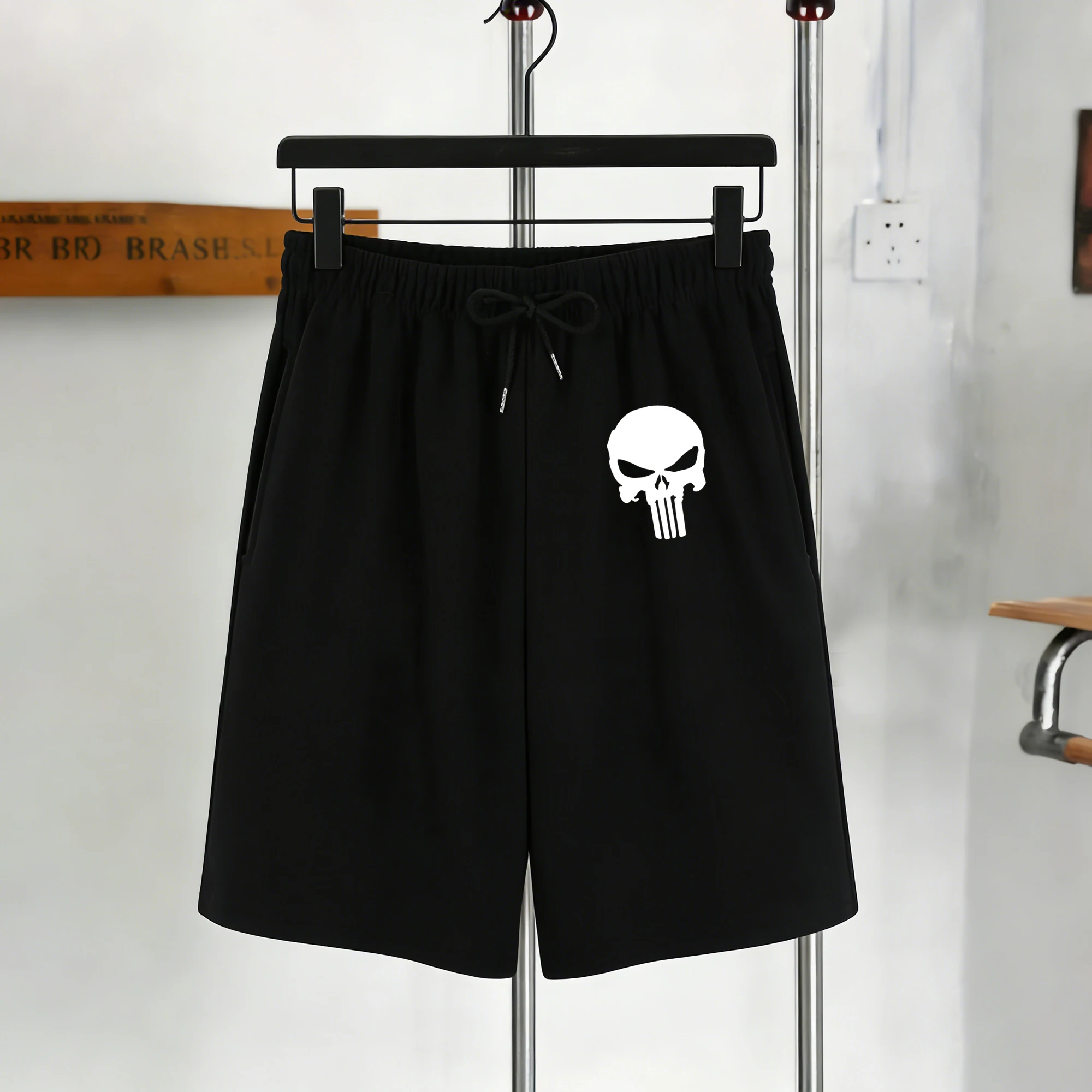 

Fashion Skull Pattern Design Men Pocket Shorts Soft Black Streetwear Casual Drawstring Sweatpants Street Man Fashion Sportwear