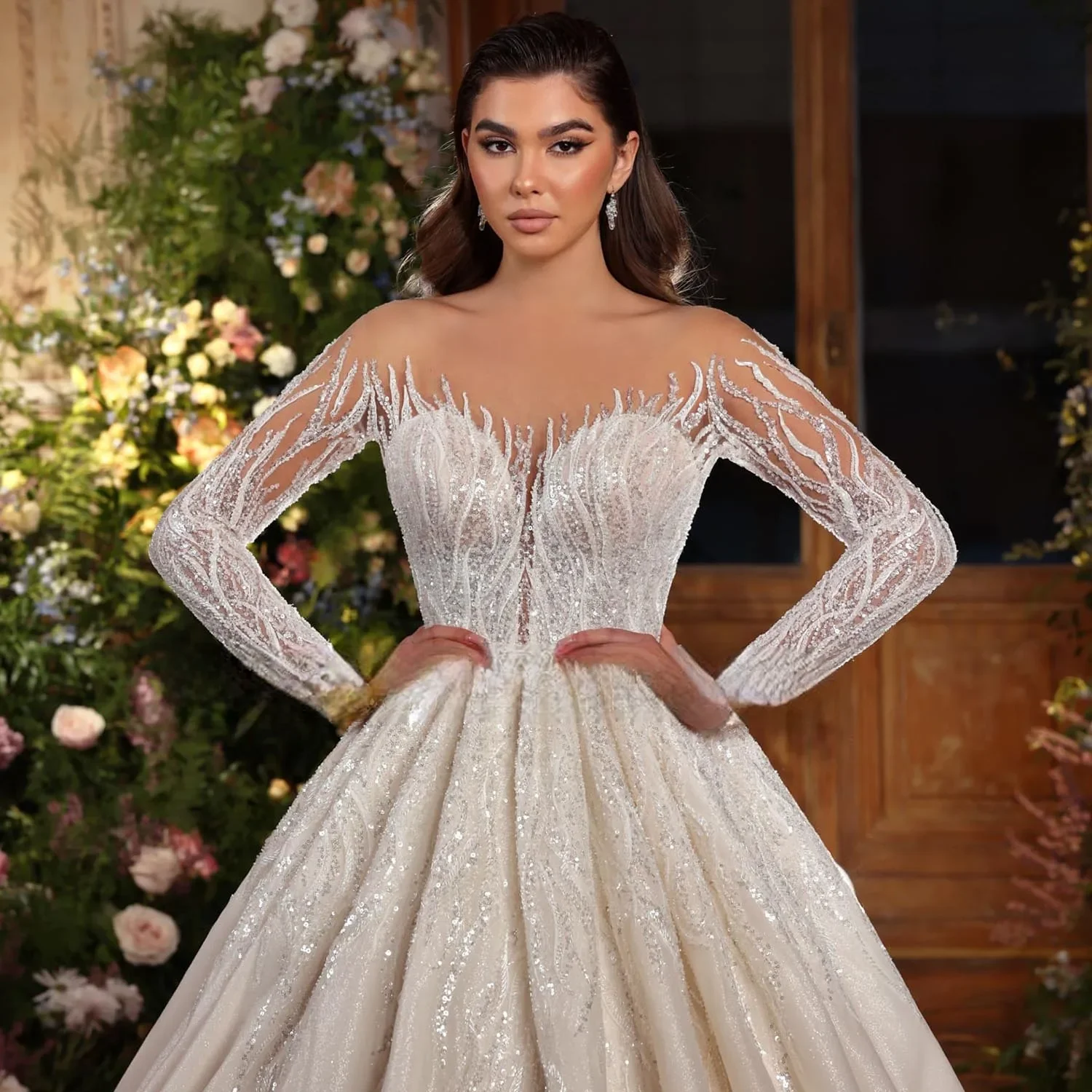 Vestido De novia De manga larga De lujo personalizado, vestidos De novia con cuello redondo y purpurina, ilusión De espalda, Vestido De novia Vintage