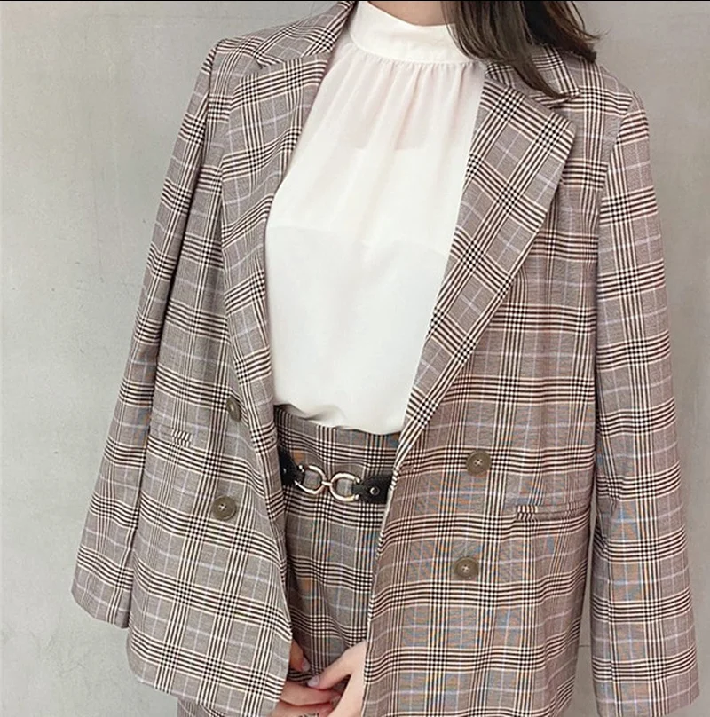 

Japanese Suits 2022 Early Autumn New Women Jackets Simple Solid Plaid Lapel Long Sleeve Pockets Double Breasted Blazers