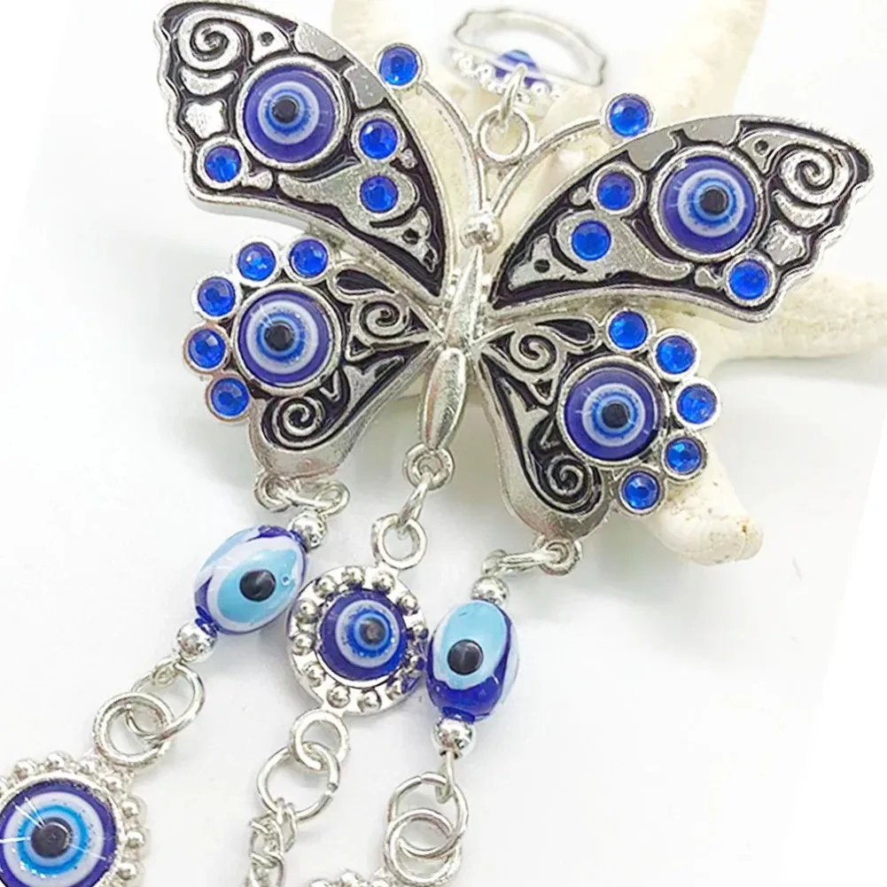 Metal Butterfly Charm Palm Hand of Fatima Charms with Turkish Blue Eye Lucky Pendant for Car Rearview Mirror DIY Hanging Jewelry