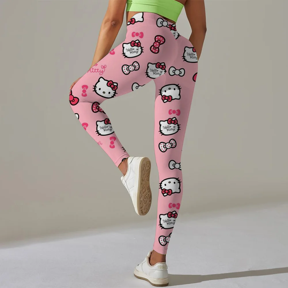 Hello Kitty พิมพ์กีฬา Legging ผู้หญิงยืดกางเกงยิมผู้หญิงวิ่งออกกําลังกายกางเกงขายาวหญิง Soft Tights Push Up กางเกงโยคะ